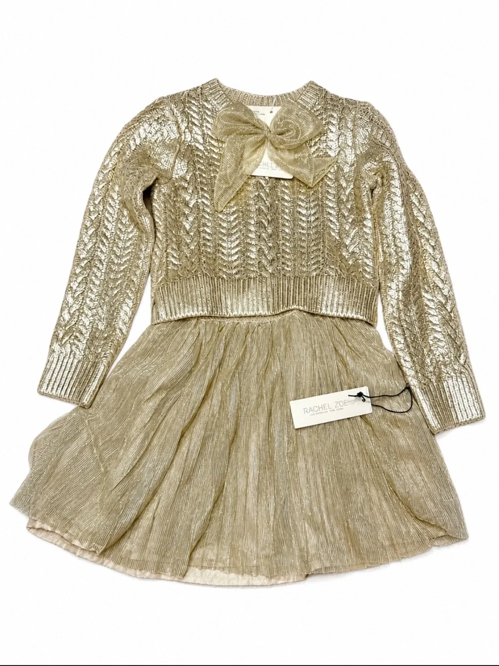 Rachel Zoe Metallic Gold Knit Sweater with Tulle Skirt & Bow